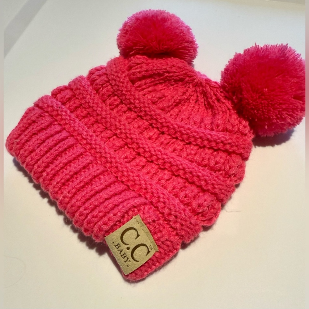 Hot Pink Double Pom CC Baby Beanie